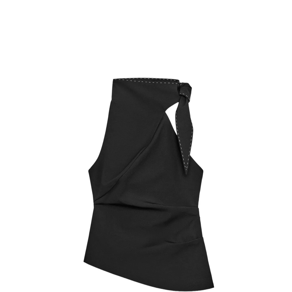 Asymmetric One-Shoulder Black Top with Tie Detail